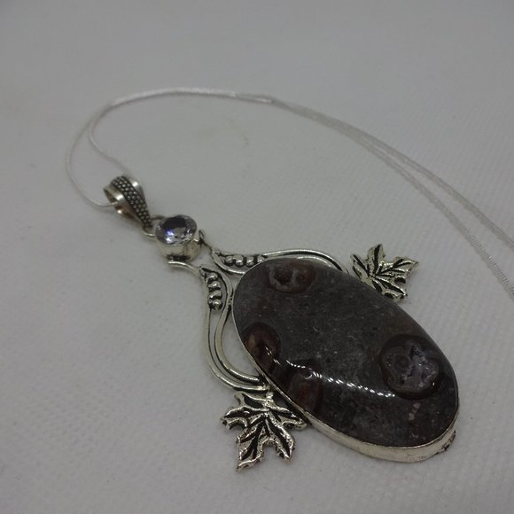 Natural "COFFEE BEAN JASPER & WHITE TOPAZ" Handmade Sterling Pendant/Chain #95A - Picture 1 of 3